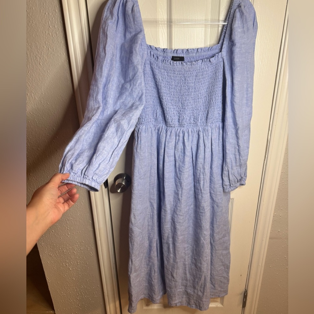 J. Crew Linen Daydream Smocked Puff Sleeve Midi Dress Blue Romantic Boho Sz M